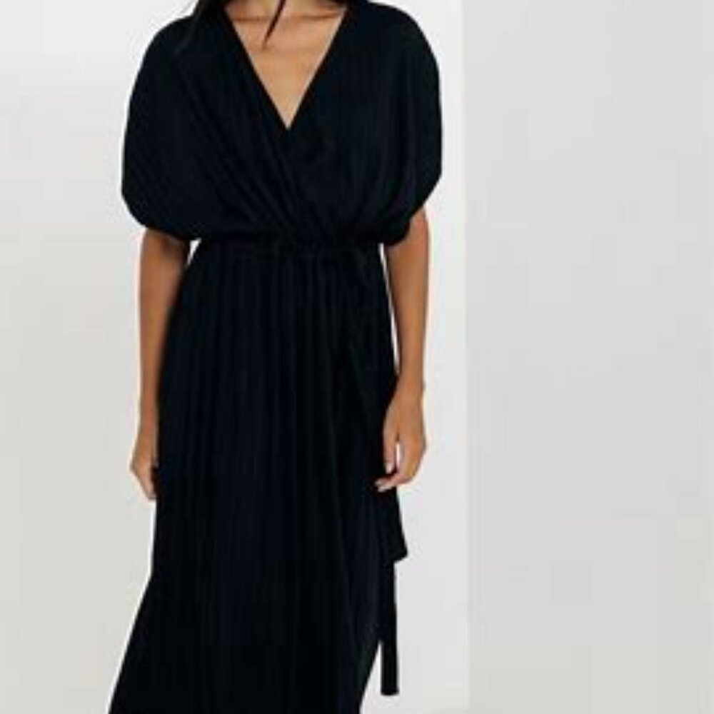 Paper Label Mimi Pleated Wrap Dress Black SZ L NWOT